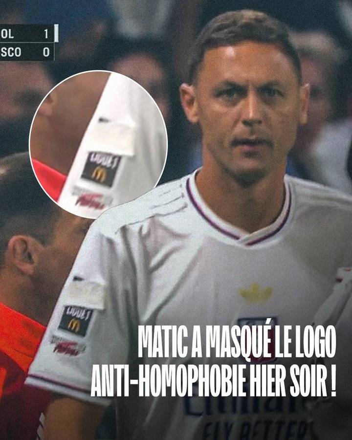 法甲发起反恐同活动，里昂中场马蒂奇在袖子上遮住反恐同标志