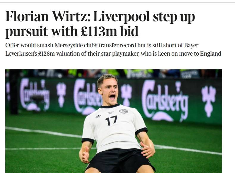 利物浦再次报价维尔茨！泰晤士＆TA报1.13亿镑，德媒说1.5亿欧